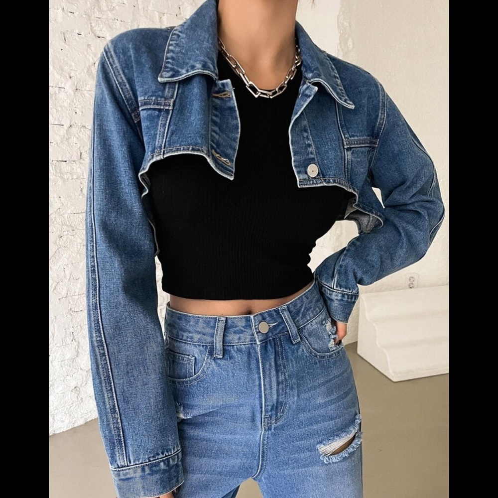 Single Button Crop Denim Jacket - Picture 7 of 8